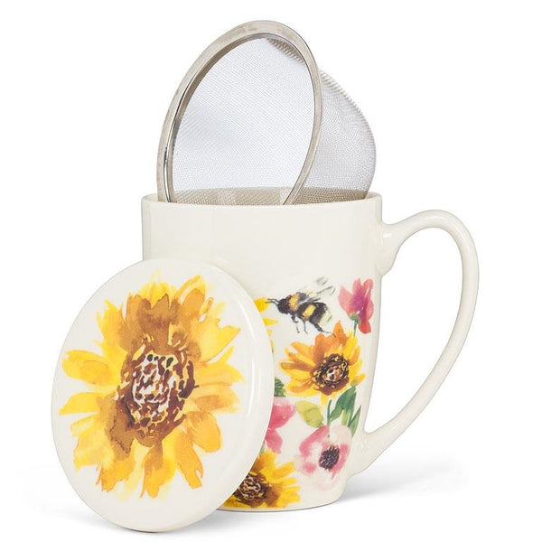 Abbott Collection Sunflowers & Bees Covered Mug & Strainer
